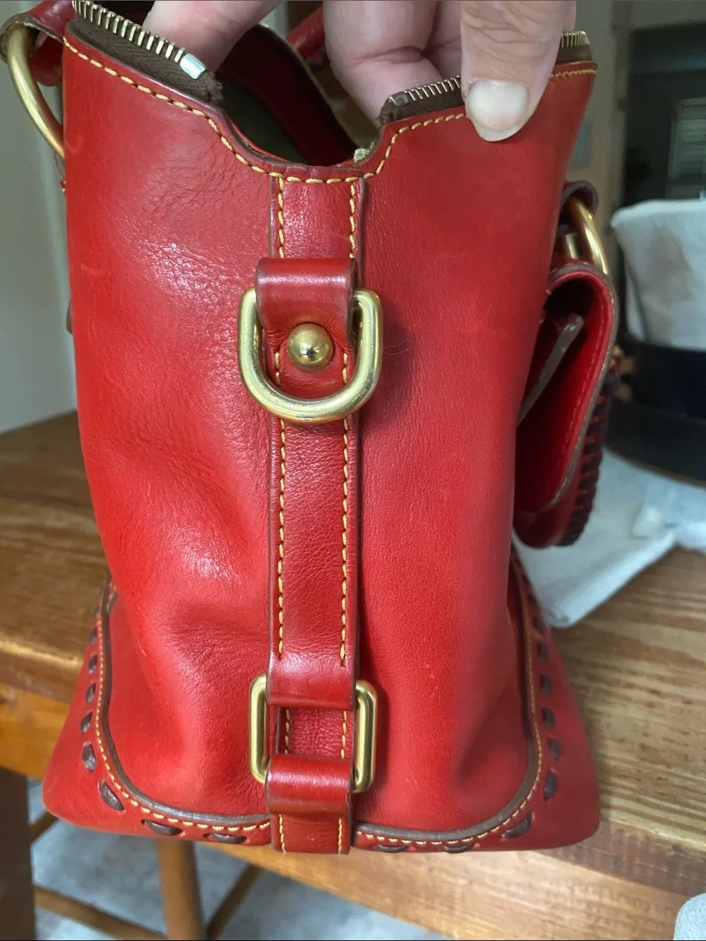 Dooney & Bourke Florentine Janine Red Leather Satchel Whip Stitching Top Handles
